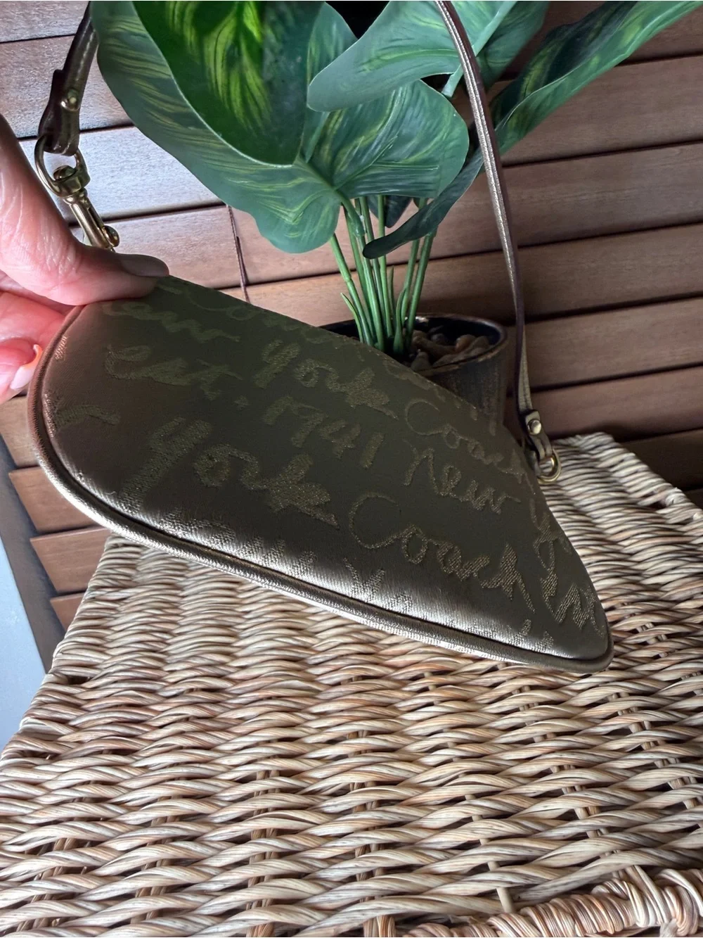 Coach Beige Script Wristlet with Heart Patch